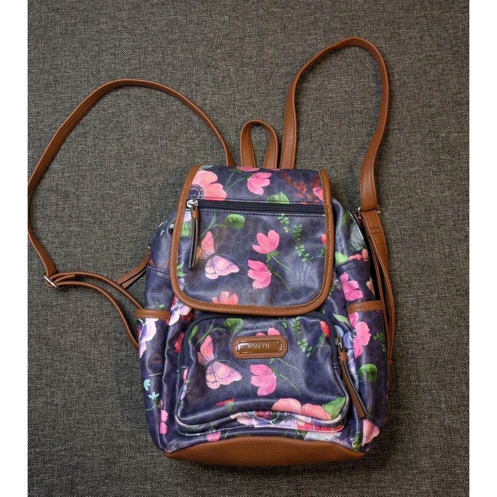 Rosetti Floral Print Mini Backpack Purse Colorful Canvas Leather Strap / Trim